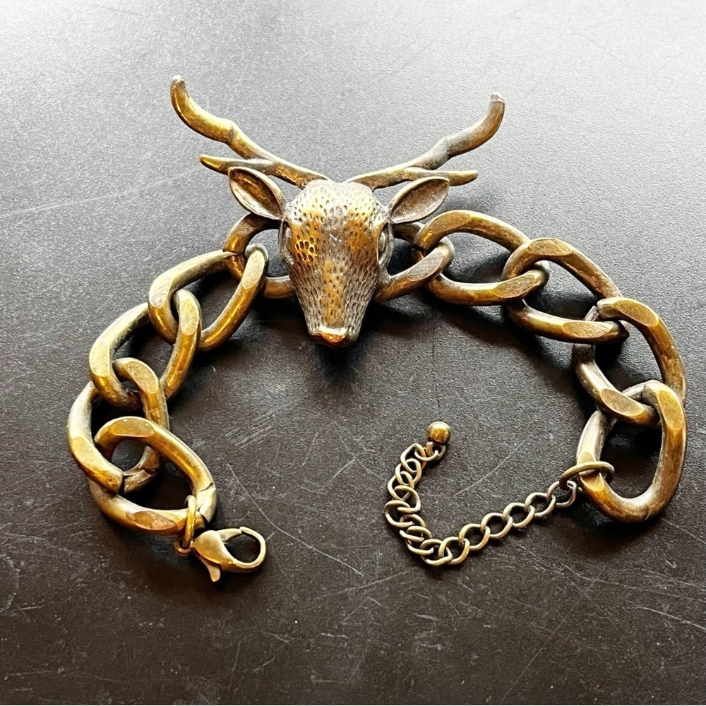 Western Women Dear Stag Head Gold Chain Link Bracelet Rodeo Huntress Biker Brass - Picture 2 of 12